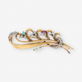 Broche de oro con perlitas y piedras de color | Comprar broches de segunda mano
