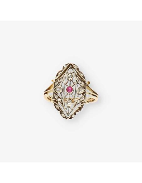 Anillo Vintage oro, piedra roja y bri