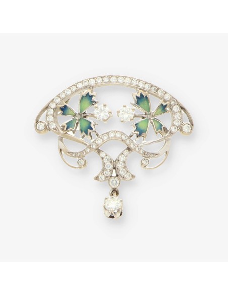 Broche oro blanco esmalte y bri