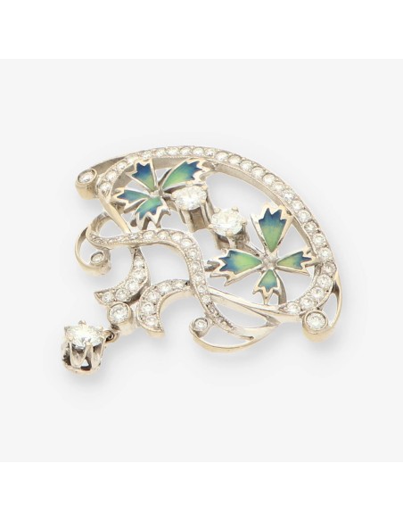 Broche oro blanco esmalte y bri