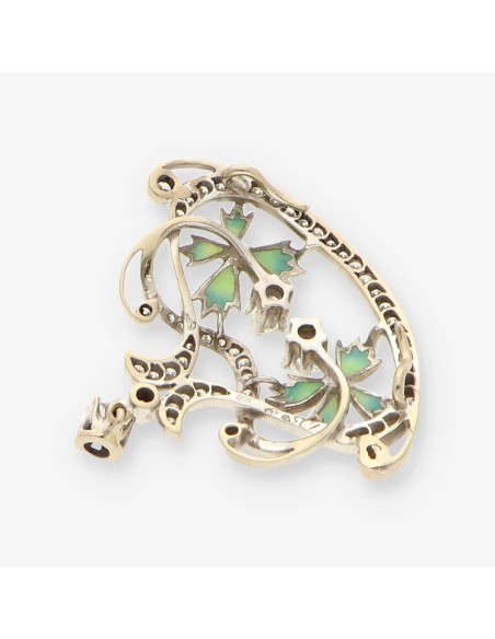 Broche oro blanco esmalte y bri