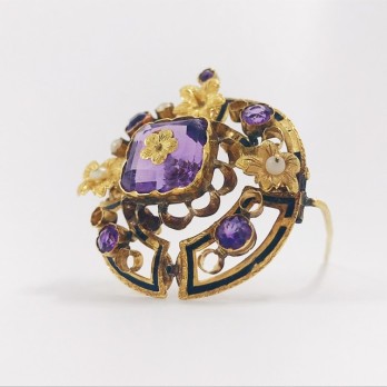 Broche de oro con perlitas y piedras de color 2