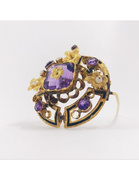 Broche de oro con perlitas y piedras de color