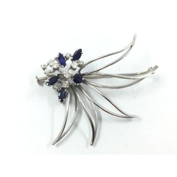 Broche de oro blanco con brillantes y zafiros