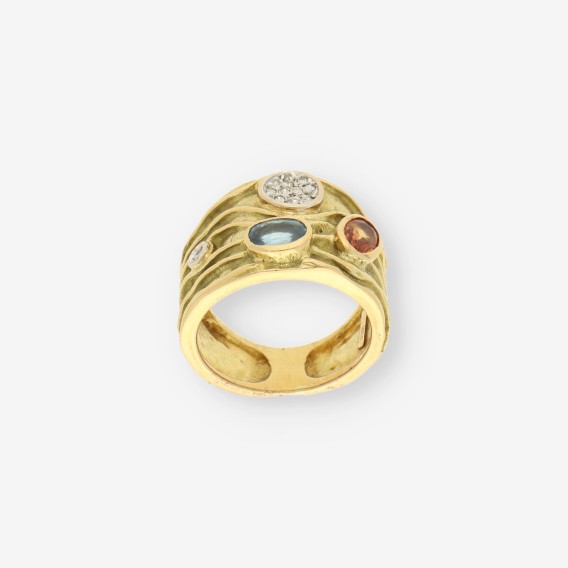 Anillo p. azul, p. naranja, oro y bri.
