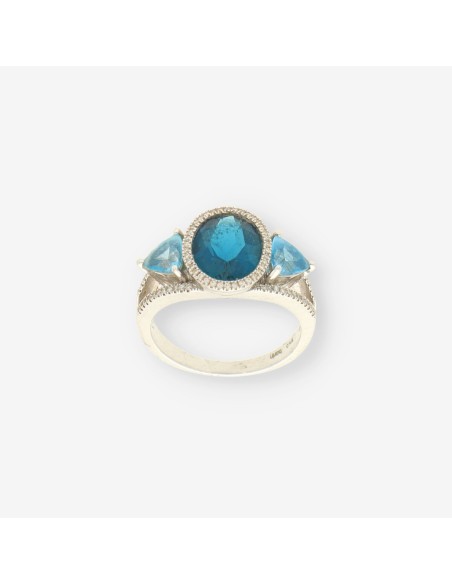 Anillo oro blanco p. azul y brillantes