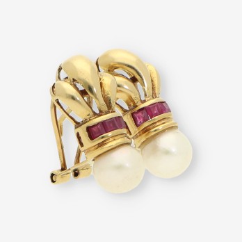 Pendientes oro piedra roja y perla 2