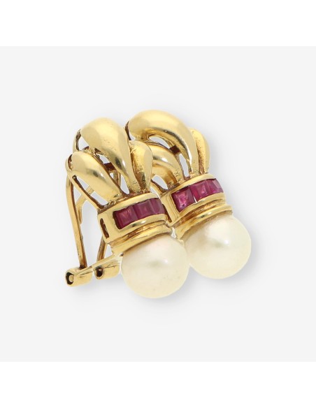 Pendientes oro piedra roja y perla