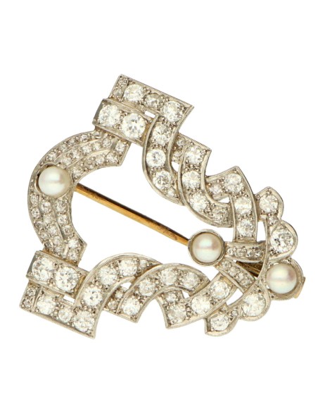 Broche art decÃ³ en oro, diamantes y perlas