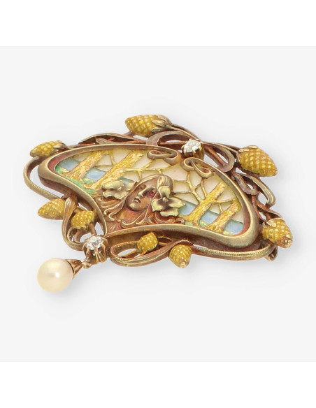 Broche Modernista oro perla y brillantes
