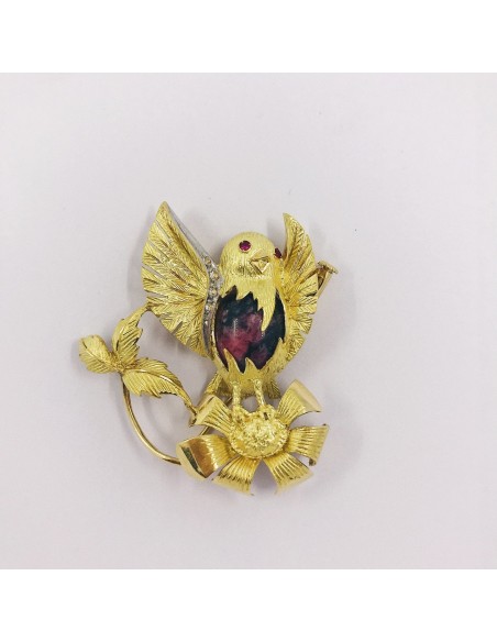 Broche en forma Canario en oro 18kt y diamantes