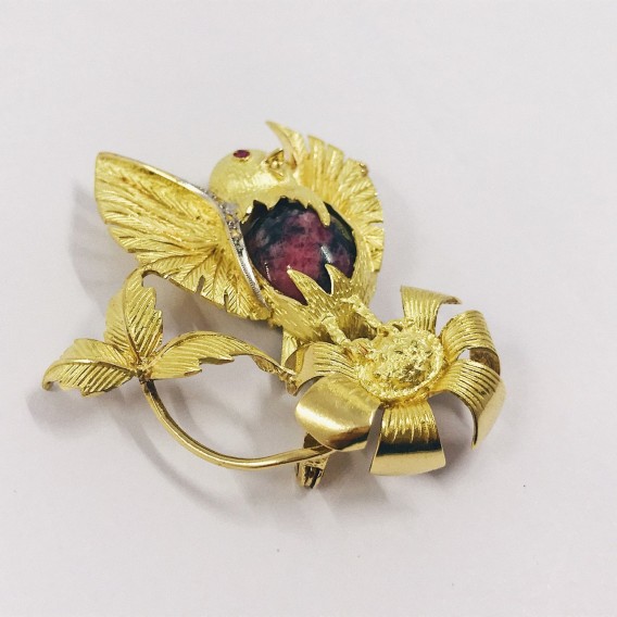 Broche en forma Canario en oro 18kt y diamantes