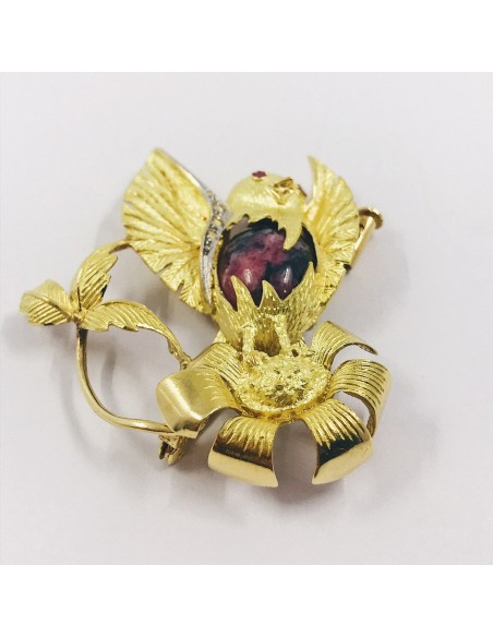 Broche en forma Canario en oro 18kt y diamantes