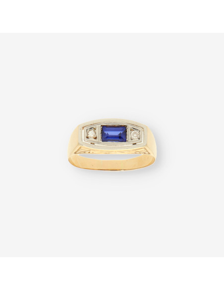 Anillo vintage oro p. azul y brillantes