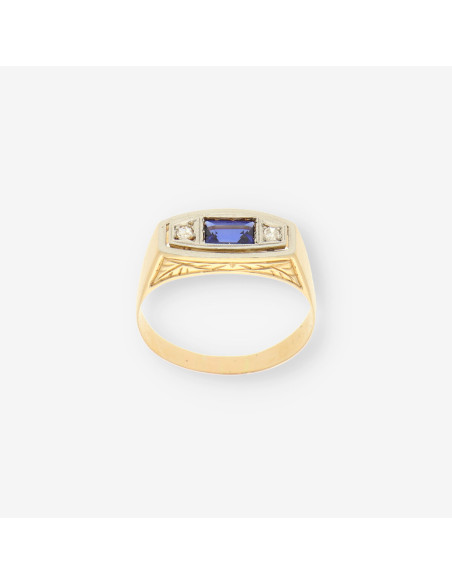 Anillo vintage oro p. azul y brillantes