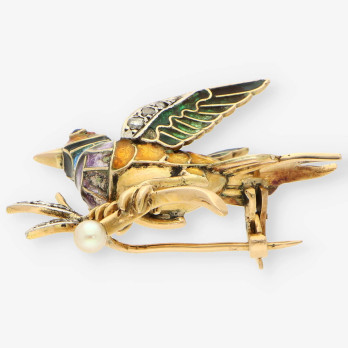 Aguja pajaro Esmalte oro y brillantes 2