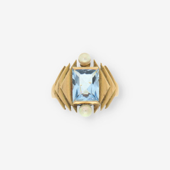 Anillo oro perla y piedra azul
