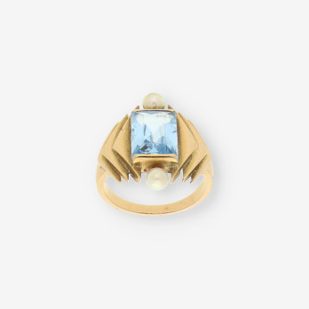 Anillo oro perla y piedra azul 2