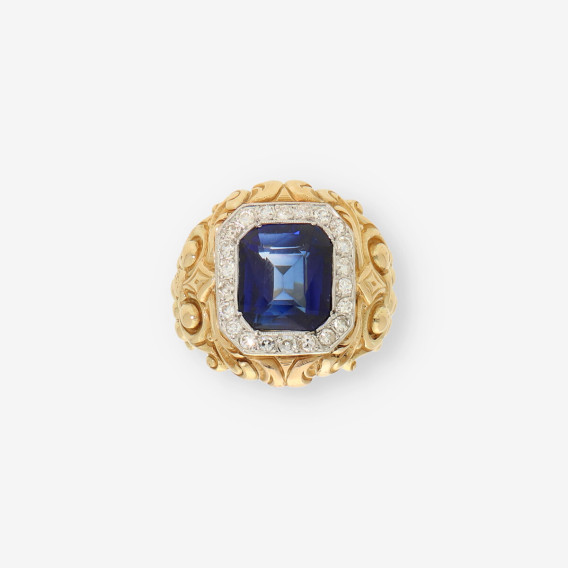Anillo oro, brillantes y piedras azules