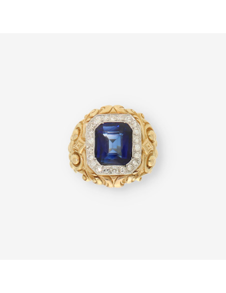 Anillo oro, brillantes y piedras azules