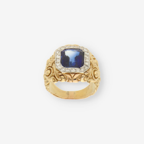 Anillo oro, brillantes y piedras azules