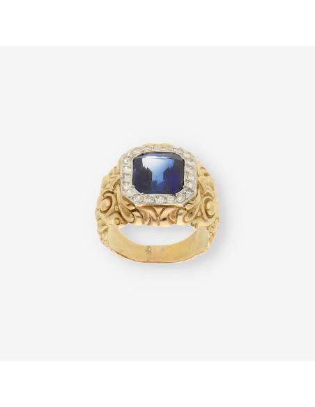 Anillo oro, brillantes y piedras azules