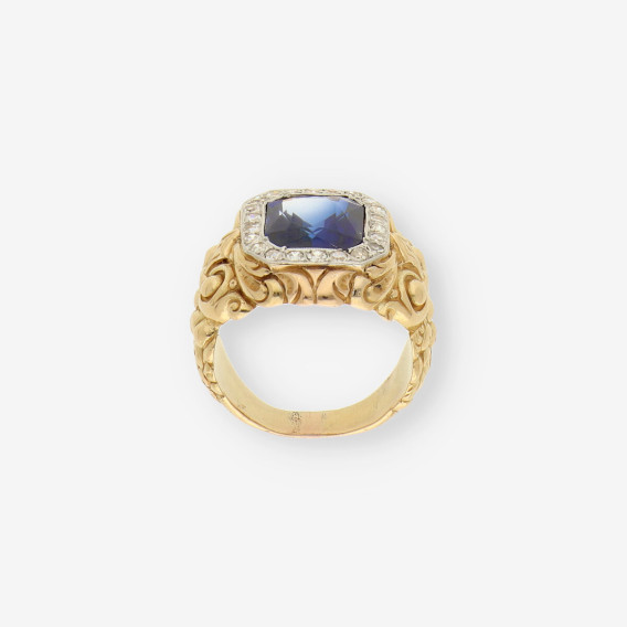 Anillo oro, brillantes y piedras azules