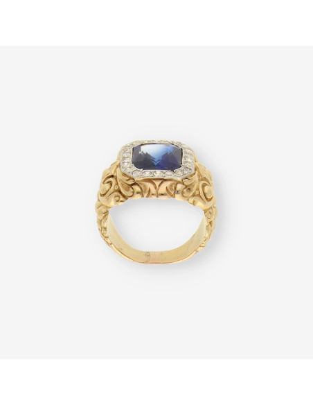 Anillo oro, brillantes y piedras azules