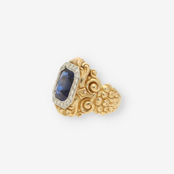 Anillo oro, brillantes y piedras azules