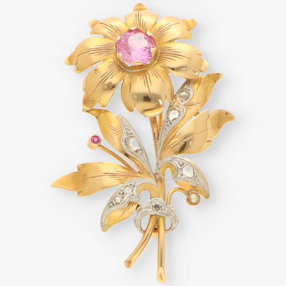 Broche oro piedra rosa y diamantes