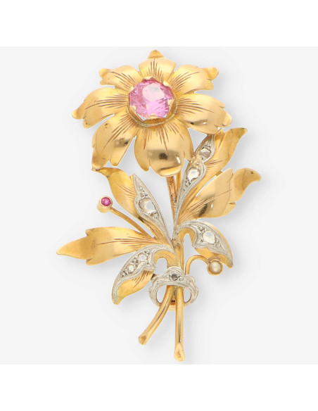 Broche oro piedra rosa y diamantes