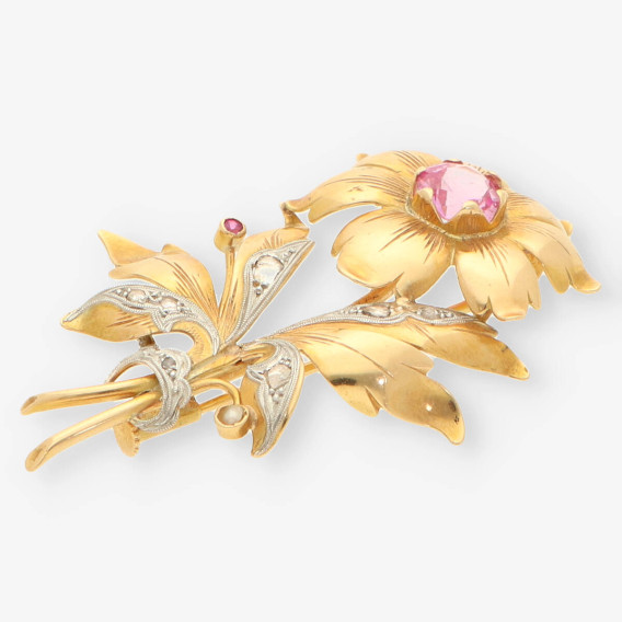 Broche oro piedra rosa y diamantes