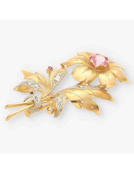Broche oro piedra rosa y diamantes