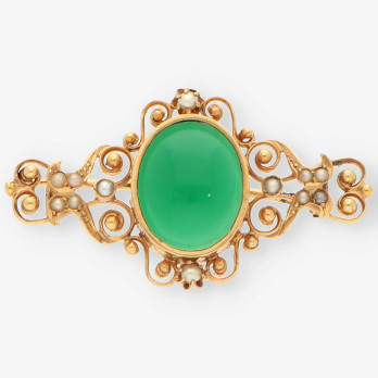 Broche oro perla y piedra verde