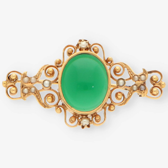 Broche oro perla y piedra verde