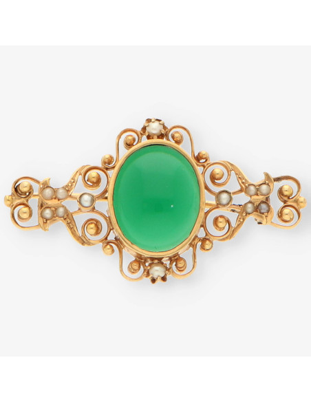 Broche oro perla y piedra verde