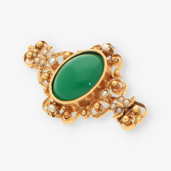Broche oro perla y piedra verde