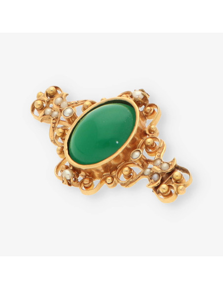 Broche oro perla y piedra verde