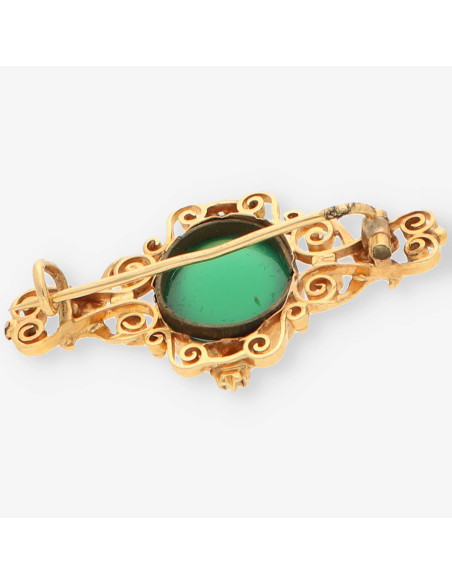 Broche oro perla y piedra verde