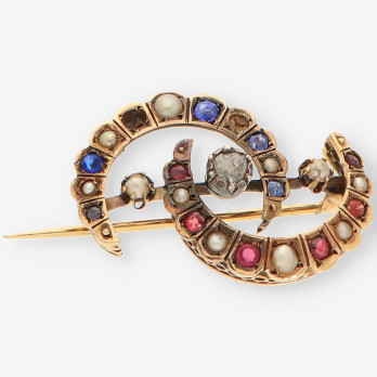 Broche vintage oro, zafiro, rubi y diam.