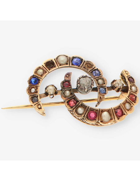 Broche vintage oro, zafiro, rubi y diam.