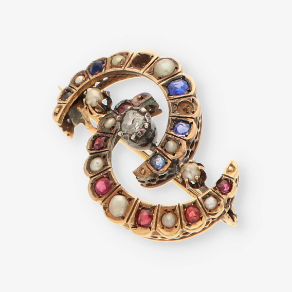 Broche vintage oro, zafiro, rubi y diam.