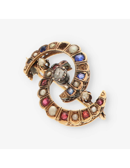 Broche vintage oro, zafiro, rubi y diam.