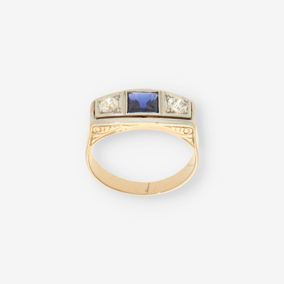 Anillo Vintage oro diamantes y zafiro