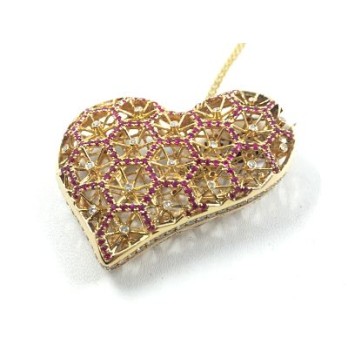 Colgante corazon de oro con brillantes y rubÃ­es