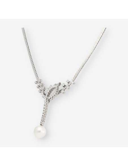 Gargantilla en oro blanco, brillantes y perla cultivada