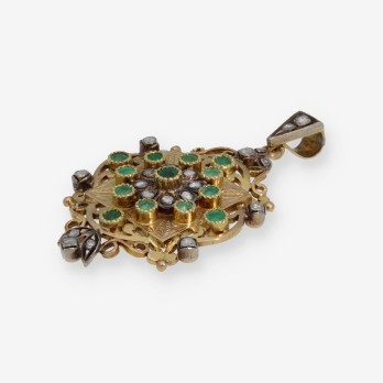 Colgante portafotos en oro 18kt diamantes y esmeraldas 2