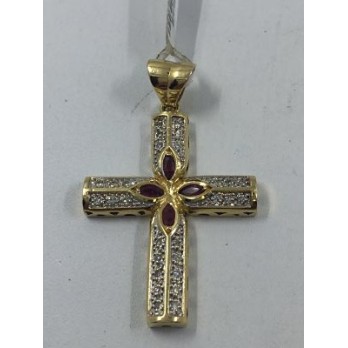 Colgante cruz en oro, brillantes y rubÃ­es