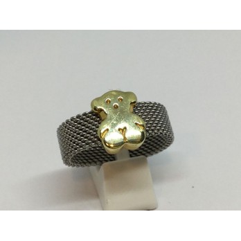 Sortija Tous con el osito en acero y oro