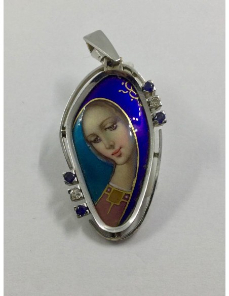 Colgante medalla en oro, brillantes, zafiros y esmalte